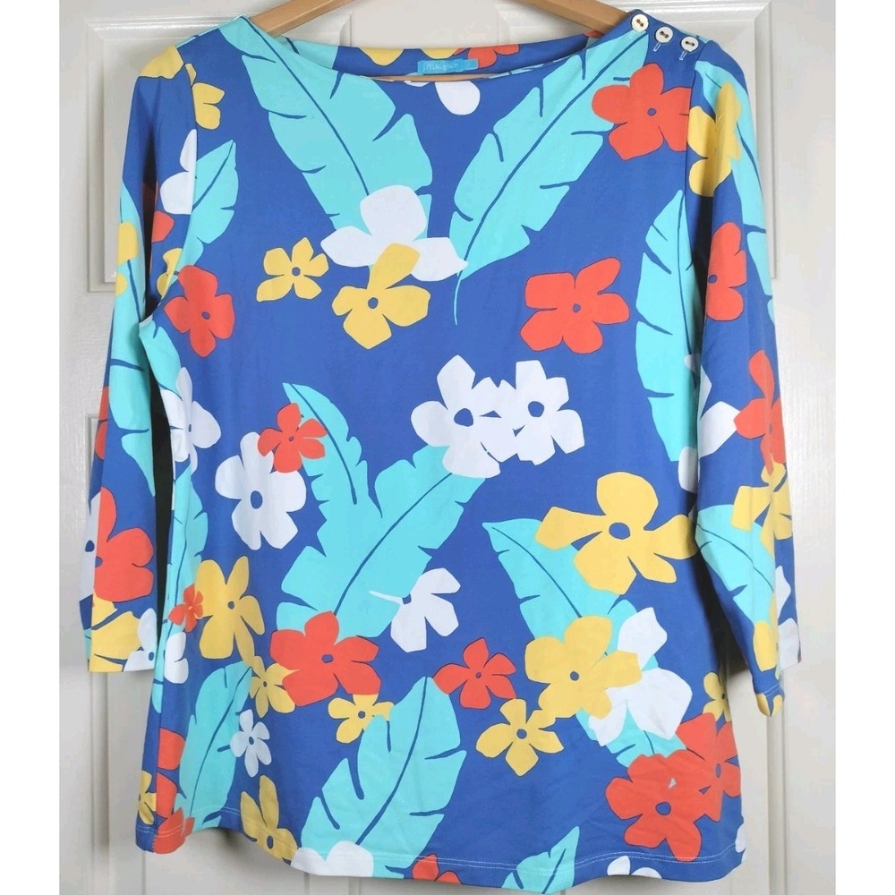 J.McLaughlin Women's Large Blue Tropical Floral 3/4 Sleeve Boatneck Top Shirt